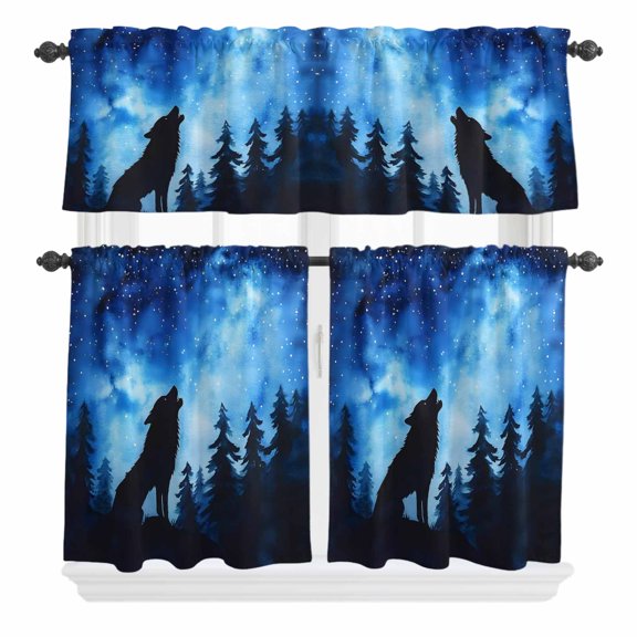 3 Piece Kitchen Curtains and Valances Set Black Wolf Silhouette Cafe Curtains 24 Inch Length Forest Starry Night Sky Valance & Tier Curtain for Living Room Bedroom Small Window 54"x18"+27"x24"*2