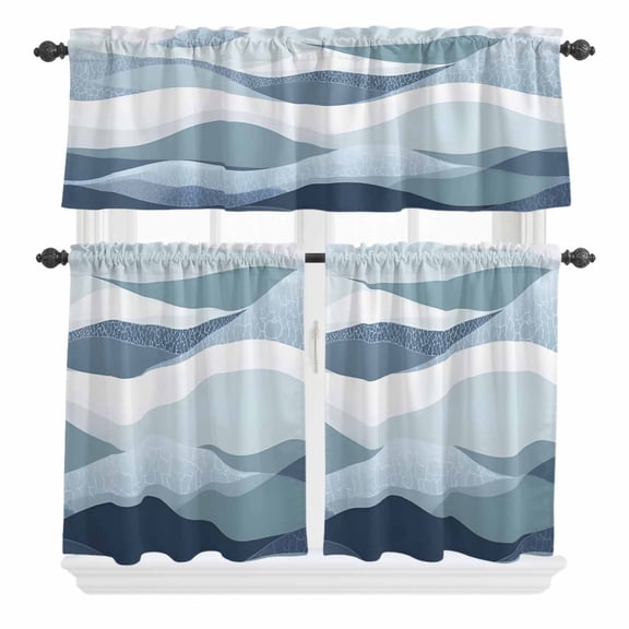3 Piece Kitchen Curtains and Valances Set Blue Aqua Ombre Stripe Cafe Curtains 24 Inch Length Modern Art Abstract Moire Wave Valance & Tier Curtain for Living Room Bedroom Window 54"x18"+27"x24"*2