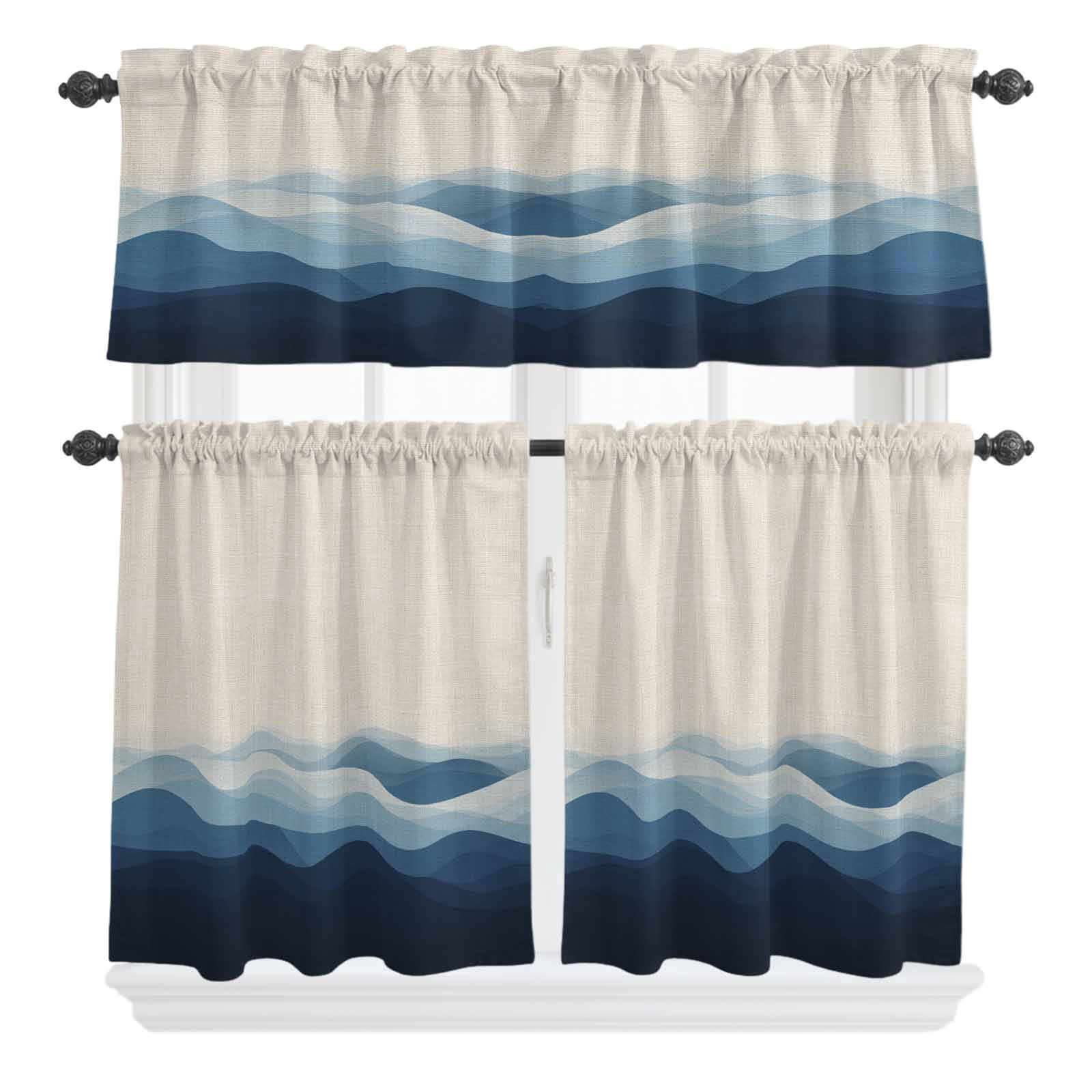 3 Piece Kitchen Curtains and Valances Set Blue Beige Ombre Cafe Curtains 24 Inch Length Minimalist Ocean Waves Linen Valance & Tier Curtain for Living Room Bedroom Small Window 54"x18"+27"x24"*2