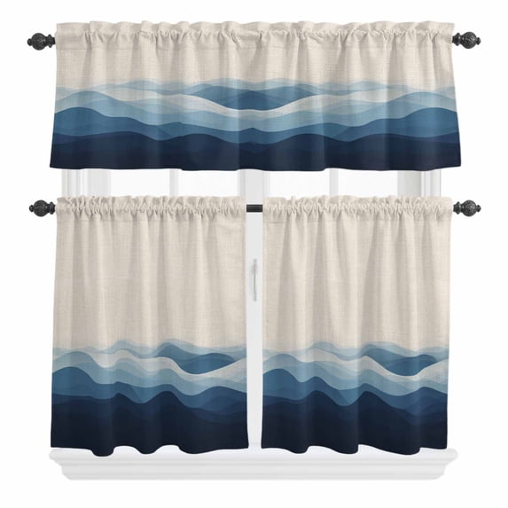 3 Piece Kitchen Curtains and Valances Set Blue Beige Ombre Cafe Curtains 24 Inch Length Minimalist Ocean Waves Linen Valance & Tier Curtain for Living Room Bedroom Small Window 54"x18"+27"x24"*2