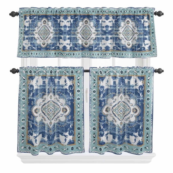 3 Piece Kitchen Curtains and Valances Set Blue Boho Cafe Curtains 24 Inch Length Farmhouse Bohemian Medallion Oriental Flower Valance & Tier Curtain for Living Room Bedroom Window 54"x18"+27"x24"*2