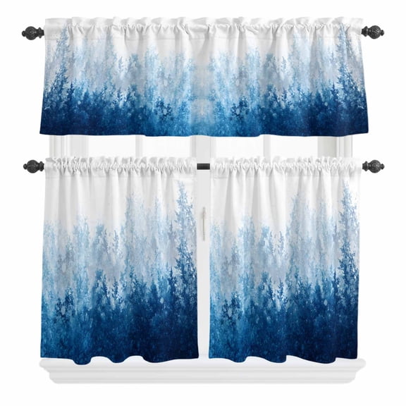 3 Piece Kitchen Curtains and Valances Set Blue Botanical Cafe Curtains 24 Inch Length Spring Summer Farmhouse Retro Watercolor Valance & Tier Curtain for Living Room Bedroom Window 54"x18"+27"x24"*2
