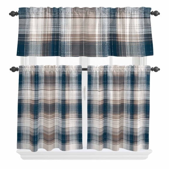 3 Piece Kitchen Curtains and Valances Set Blue Brown Plaid Cafe Curtains 24 Inch Length Modern Abstract Striped Gingham Checked Valance & Tier Curtain for Living Room Bedroom Window 54"x18"+27"x24"*2