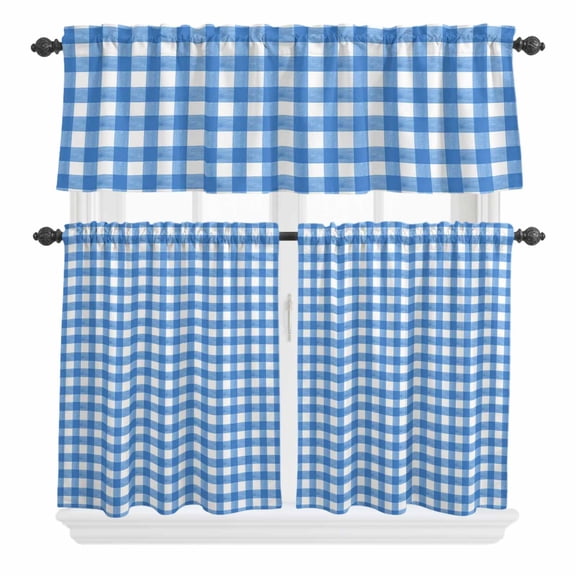 3 Piece Kitchen Curtains and Valances Set Blue Cafe Curtains 36 Inch Length Country French Rustic Buffalo Plaid Modern Art Valance & Tier Curtain for Living Room Bedroom Window 54"x18"+27"x36"*2