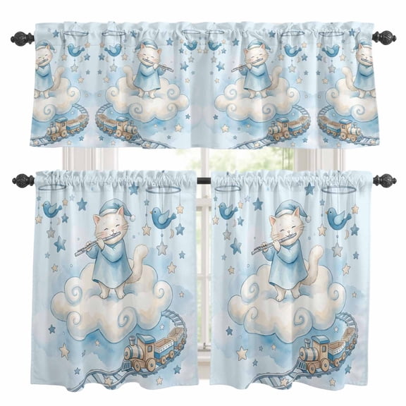 3 Piece Kitchen Curtains and Valances Set Blue Cartoon Cats Cafe Curtains 24 Inch Length Cute Cats Sleeping Dreams Clouds Valance & Tier Curtain for Living Room Bedroom Small Window 54"x18"+27"x24"*2