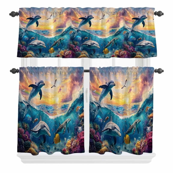 3 Piece Kitchen Curtains and Valances Set Blue Coastal Cafe Curtains 24 Inch Length Dolphin Summer Beach Nautical Ocean Valance & Tier Curtain for Living Room Bedroom Small Window 54"x18"+27"x24"*2