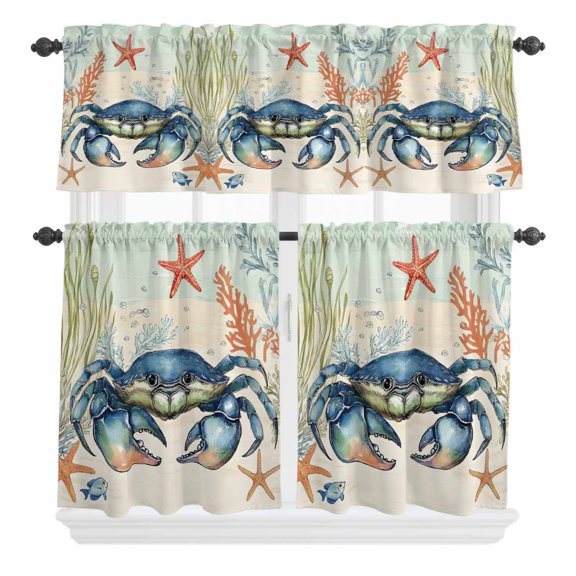 3 Piece Kitchen Curtains and Valances Set Blue Coastal Crab Cafe Curtains 24 Inch Length Nautical Beach Coral Starfish Valance & Tier Curtain for Living Room Bedroom Small Window 54"x18"+27"x24"*2