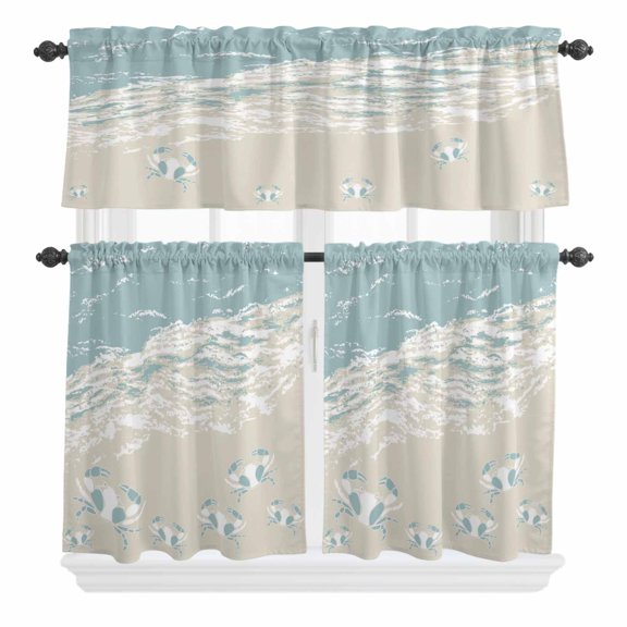 3 Piece Kitchen Curtains and Valances Set Blue Coastal Crabs Cafe Curtains 24 Inch Length Summer Beach Ocean Abstract Art Valance & Tier Curtain for Living Room Bedroom Small Window 54"x18"+27"x24"*2
