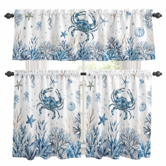 3 Piece Kitchen Curtains and Valances Set Blue Coastal Crabs Cafe Curtains 24 Inch Length Summer Ocean Sea Starfish Coral Shells Valance & Tier Curtain for Living Room Bedroom 54"x18"+27"x24"*2