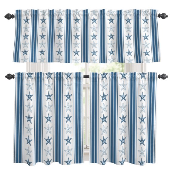 3 Piece Kitchen Curtains and Valances Set Blue Coastal Striped Cafe Curtains 24 Inch Length Modern Nautical Thin Stripes Valance & Tier Curtain for Living Room Bedroom Small Window 54"x18"+27"x24"*2