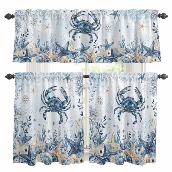 3 Piece Kitchen Curtains and Valances Set Blue Crab Coastal Cafe Curtains 24 Inch Length Beach Starfish Nautical Coral Botanical Valance & Tier Curtain for Living Room Bedroom 54"x18"+27"x24"*2