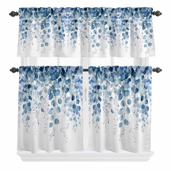 3 Piece Kitchen Curtains and Valances Set Blue Eucalyptus Leaves Cafe Curtains 24 Inch Length Summer Botanical Weeping Valance & Tier Curtain for Living Room Bedroom Small Window 54"x18"+27"x24"*2