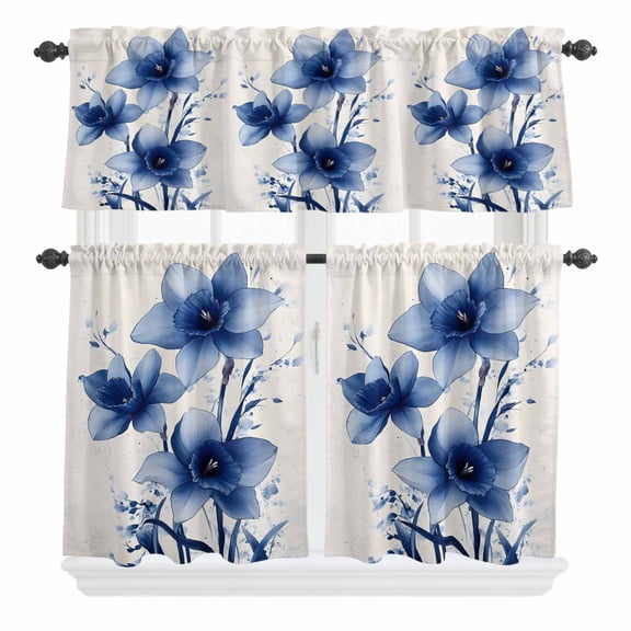 3 Piece Kitchen Curtains and Valances Set Blue Floral Spring Cafe Curtains 24 Inch Length Summer Watercolor Wildflowers Valance & Tier Curtain for Living Room Bedroom Small Window 54"x18"+27"x24"*2