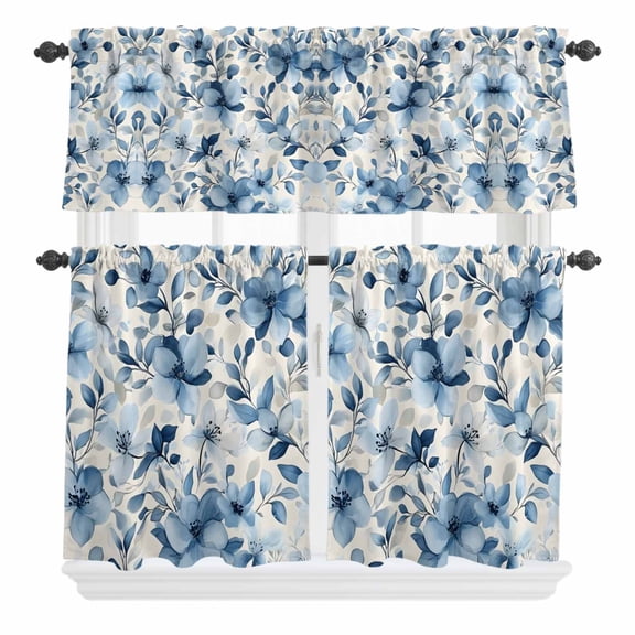 3 Piece Kitchen Curtains and Valances Set Blue Flower Cafe Curtains 24 Inch Length Vintage Botanicals Wildflower Spring Summer Valance & Tier Curtain for Living Room Bedroom Window 54"x18"+27"x24"*2