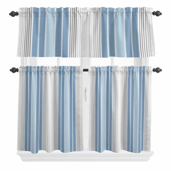 3 Piece Kitchen Curtains and Valances Set Blue Gray Stripes Cafe Curtains 24 Inch Length Contemporary Minimalist Abstract Lines Valance & Tier Curtain for Living Room Bedroom Window 54"x18"+27"x24"*2
