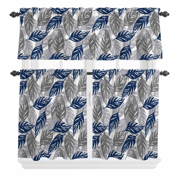 3 Piece Kitchen Curtains and Valances Set Blue Grey Leaves Cafe Curtains 36 Inch Length Farmhouse Spring Botanical Leaf Plants Valance & Tier Curtain for Living Room Bedroom Window 54"x18"+27"x36"*2