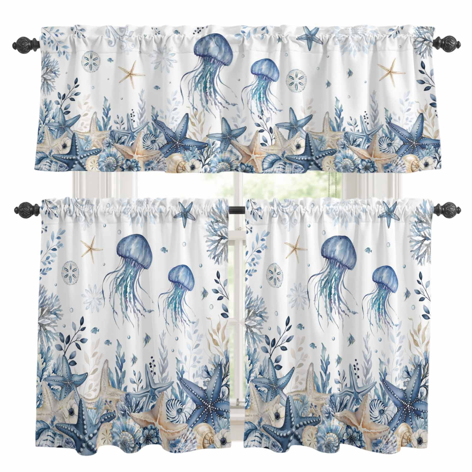 3 Piece Kitchen Curtains and Valances Set Blue Jellyfish Coastal Cafe ...