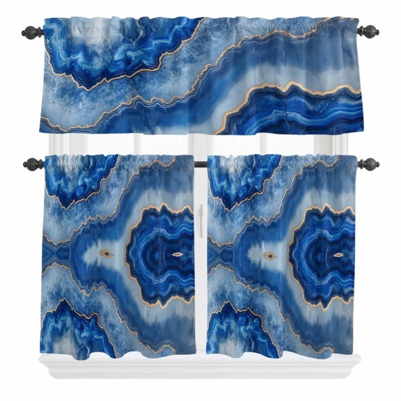 3 Piece Kitchen Curtains and Valances Set Blue Marble Cafe Curtains 24 Inch Length Modern Luxury Granite Surface Motif Sketch Valance & Tier Curtain for Living Room Bedroom Window 54"x18"+27"x24"*2