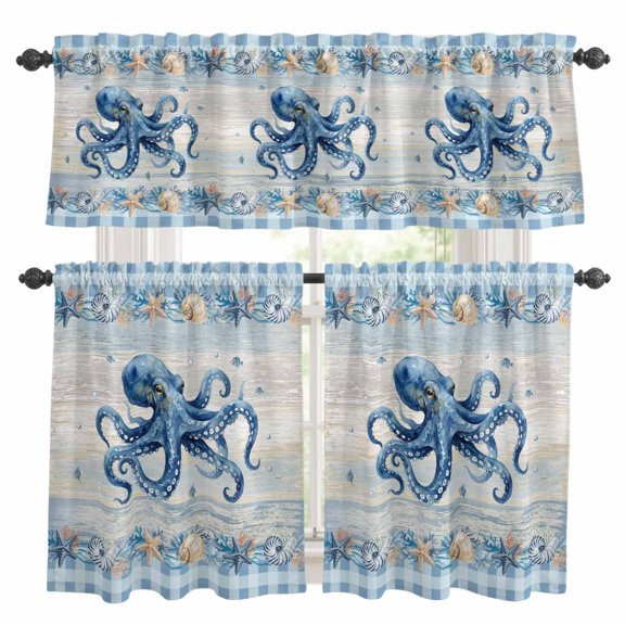 3 Piece Kitchen Curtains and Valances Set Blue Octopus Coastal Cafe Curtains 24 Inch Length Summer Beach Coral Starfish Shell Vintage Valance & Tier Curtain for Living Room Bedroom 54"x18"+27"x24"*2
