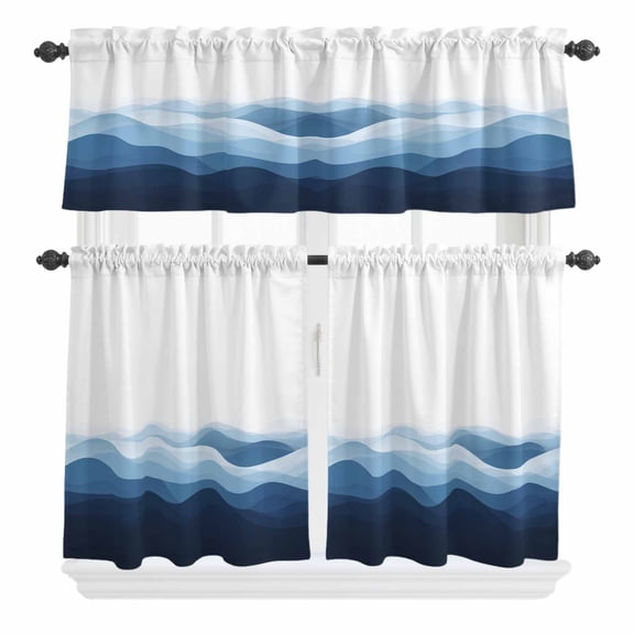 3 Piece Kitchen Curtains and Valances Set Blue Ombre Cafe Curtains 36 Inch Length Summer Minimalist Ocean Waves Valance & Tier Curtain for Living Room Bedroom Small Window 54"x18"+27"x36"*2