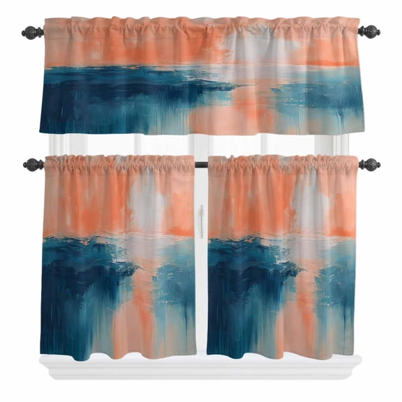 3 Piece Kitchen Curtains and Valances Set Blue Pink Cafe Curtains 36 Inch Length Minimalism Abstract Gradient Oil Painting Valance & Tier Curtain for Living Room Bedroom Window 54"x18"+27"x36"*2