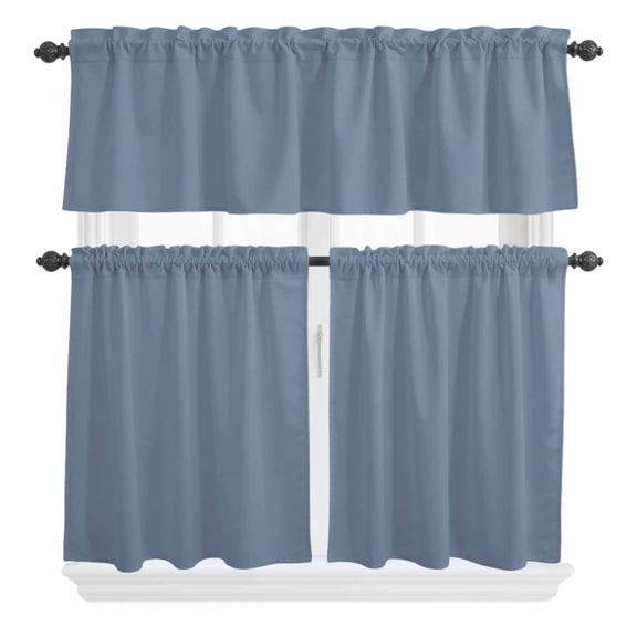3 Piece Kitchen Curtains and Valances Set Blue Pure Color Cafe Curtains 24 Inch Length Aesthetics Contemporary Luxury Valance & Tier Curtain for Living Room Bedroom Small Window 54"x18"+27"x24"*2