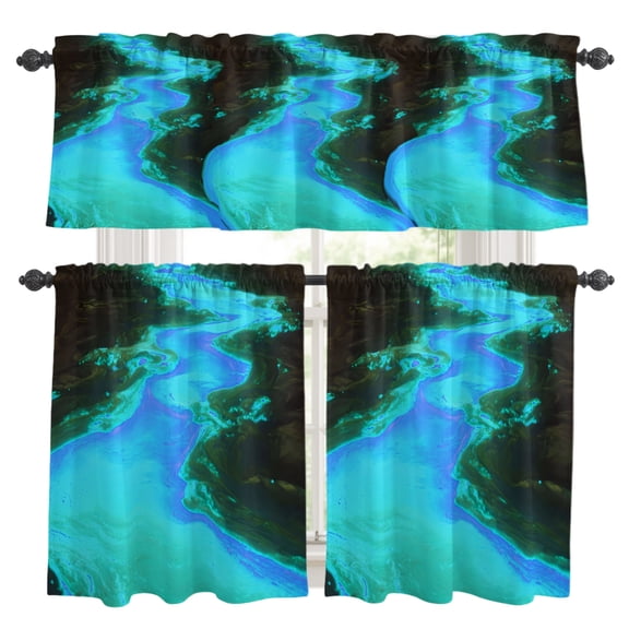 3 Piece Kitchen Curtains and Valances Set Blue River Cafe Curtains 36 Inch Length Farmhouse Turquoise Cyan Liquid Nature Scene Valance & Tier Curtain for Living Room Bedroom Window 54"x18"+27"x36"*2