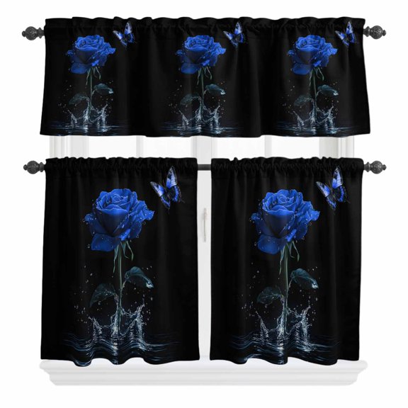 3 Piece Kitchen Curtains and Valances Set Blue Roses Cafe Curtains 24 Inch Length Modern Art Splash Flowers Butterfly Valance & Tier Curtain for Living Room Bedroom Small Window 54"x18"+27"x24"*2