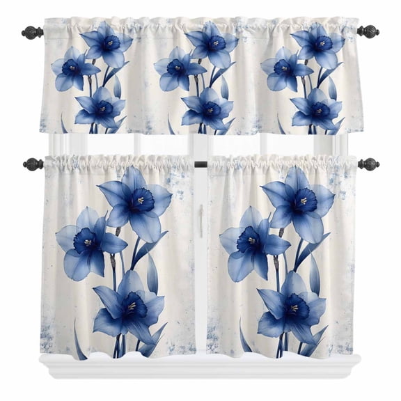 3 Piece Kitchen Curtains and Valances Set Blue Spring Floral Cafe Curtains 24 Inch Length Summer Botanical Wildflower Garden Valance & Tier Curtain for Living Room Bedroom Window 54"x18"+27"x24"*2