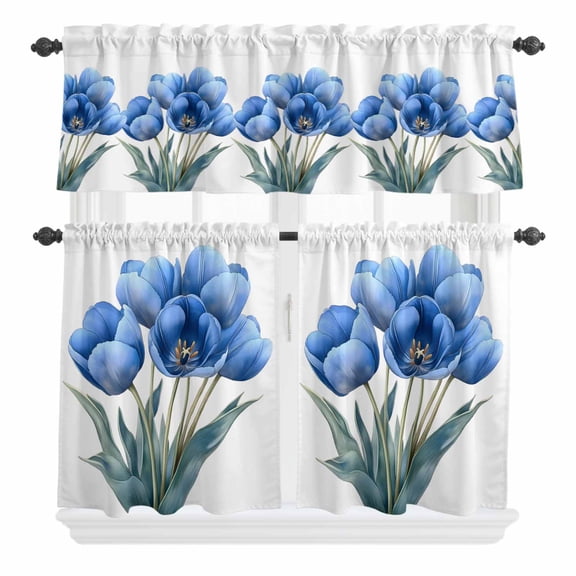 3 Piece Kitchen Curtains and Valances Set Blue Spring Floral Cafe Curtains 24 Inch Length Wildflower Garden Botanical Valance & Tier Curtain for Living Room Bedroom Small Window 54"x18"+27"x24"*2