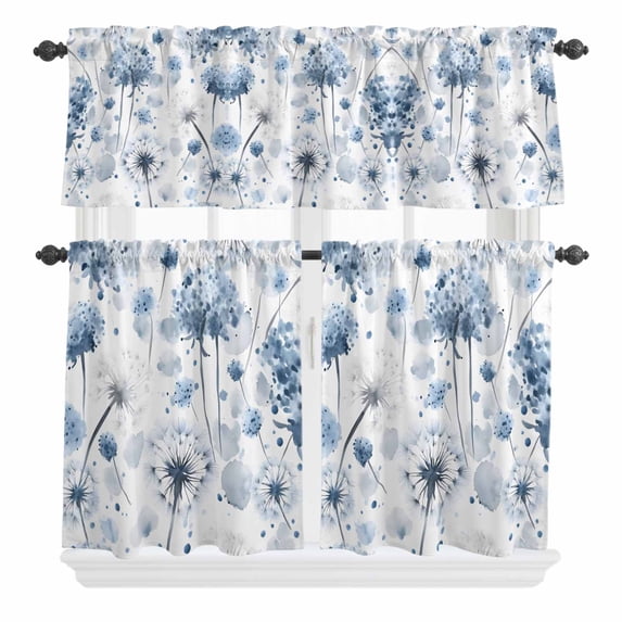 3 Piece Kitchen Curtains and Valances Set Blue Spring Floral Cafe Curtains 36 Inch Length Farmhouse Summer Botanical Valance & Tier Curtain for Living Room Bedroom Small Window 54"x18"+27"x36"*2
