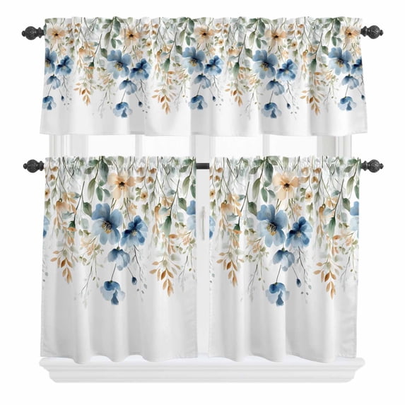 3 Piece Kitchen Curtains and Valances Set Blue Spring Floral Cafe Curtains 36 Inch Length Weeping Botanical Orange Summer Valance & Tier Curtain for Living Room Bedroom Small Window 54"x18"+27"x36"*2