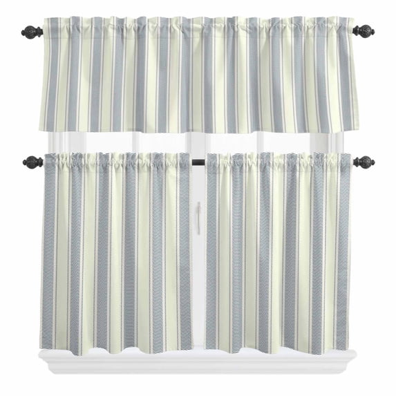 3 Piece Kitchen Curtains and Valances Set Blue Stripe Cafe Curtains 36 Inch Length Modern Farmhouse Geometric Retro Striped Valance & Tier Curtain for Living Room Bedroom Window 54"x18"+27"x36"*2