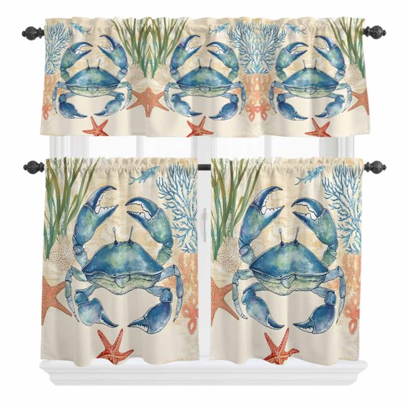 3 Piece Kitchen Curtains and Valances Set Blue Teal Crab Coastal Cafe Curtains 24 Inch Length Nautical Beach Coral Starfish Valance & Tier Curtain for Living Room Bedroom Window 54"x18"+27"x24"*2