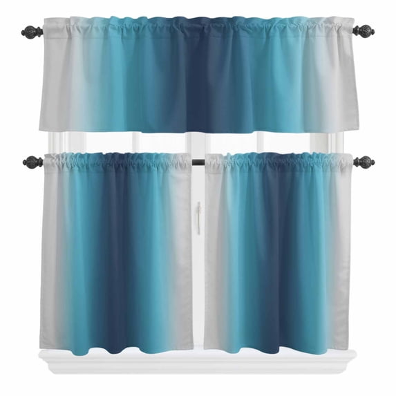 3 Piece Kitchen Curtains and Valances Set Blue Teal Grey Ombre Cafe Curtains 24 Inch Length Farmhouse Gradient Minimalist Valance & Tier Curtain for Living Room Bedroom Small Window 54"x18"+27"x24"*2