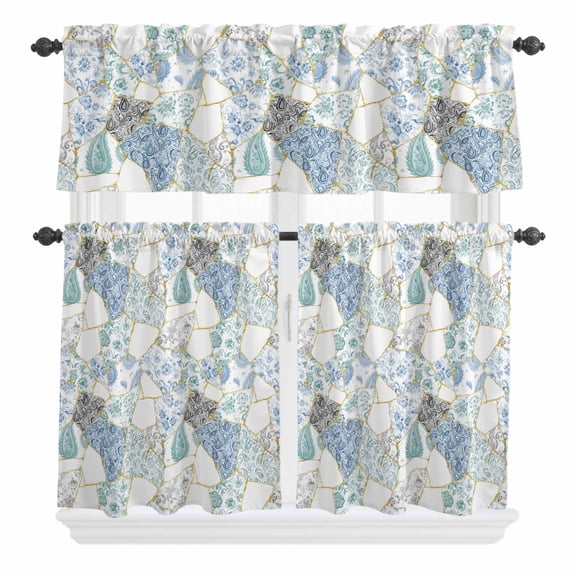 3 Piece Kitchen Curtains and Valances Set Blue White Porcelain Cafe Curtains 36 Inch Length Traditional Oriental Chinese Art Valance & Tier Curtain for Living Room Bedroom Window 54"x18"+27"x36"*2