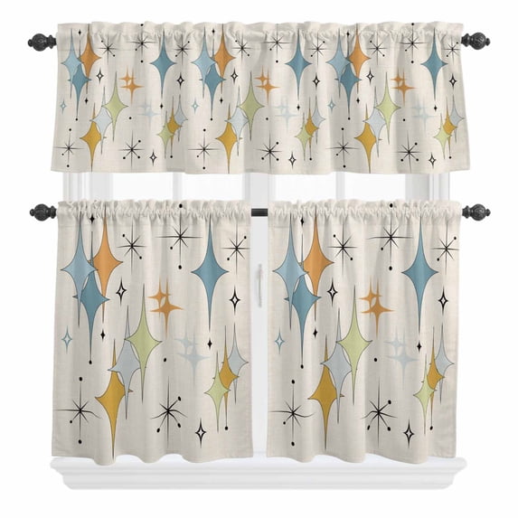 3 Piece Kitchen Curtains and Valances Set Blue Yellow Diamond Cafe Curtains 24 Inch Length Modern Geometric Middle Century Beige Valance & Tier Curtain for Living Room Bedroom 54"x18"+27"x24"*2