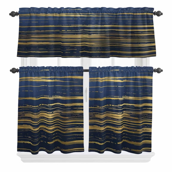 3 Piece Kitchen Curtains and Valances Set Blue Yellow Striped Cafe Curtains 36 Inch Length Modern Abstract Art Stripes Valance & Tier Curtain for Living Room Bedroom Small Window 54"x18"+27"x36"*2