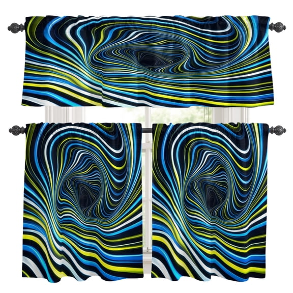3 Piece Kitchen Curtains and Valances Set Blue Yellow White Spiral Cafe Curtains 36 Inch Length Neon Lines Abstract Cyber Valance & Tier Curtain for Living Room Bedroom Small Window 54"x18"+27"x36"*2