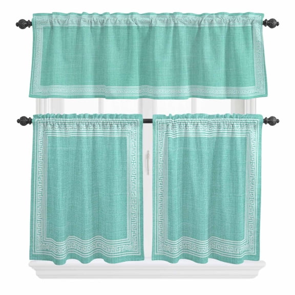 3 Piece Kitchen Curtains and Valances Set Bluish Green Retro Greek Key Cafe Curtains 24 Inch Length Greece Ancient Rustic Geometric Valance & Tier Curtain for Living Room Bedroom 54"x18"+27"x24"*2