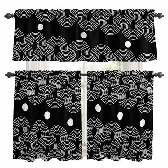 3 Piece Kitchen Curtains and Valances Set Boho Geometric Cafe Curtains 24 Inch Length Modern Abstract Sun Lines Black Valance & Tier Curtain for Living Room Bedroom Small Window 54"x18"+27"x24"*2
