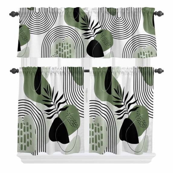 3 Piece Kitchen Curtains and Valances Set Boho Geometric Cafe Curtains 36 Inch Length Green Ethnic Abstract Stripes Motifs Valance & Tier Curtain for Living Room Bedroom Window 54"x18"+27"x36"*2