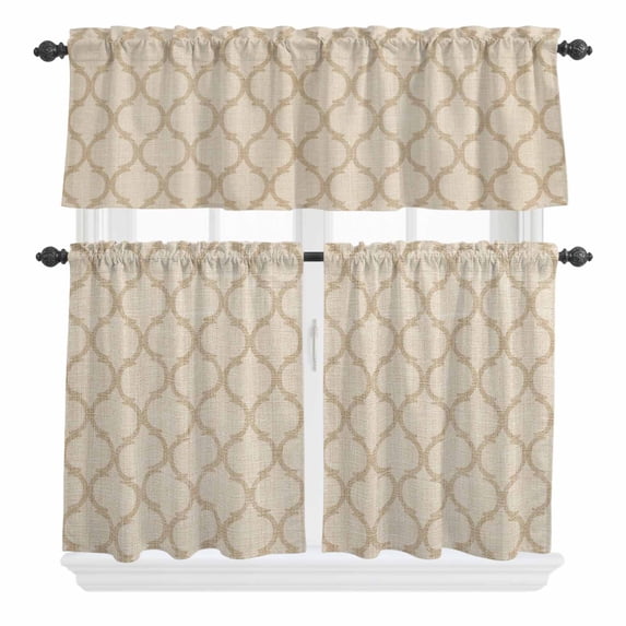 3 Piece Kitchen Curtains and Valances Set Boho Moroccan Cafe Curtains 24 Inch Length Vintage Morocco Quatrefoil Geometric Valance & Tier Curtain for Living Room Bedroom Small Window 54"x18"+27"x24"*2