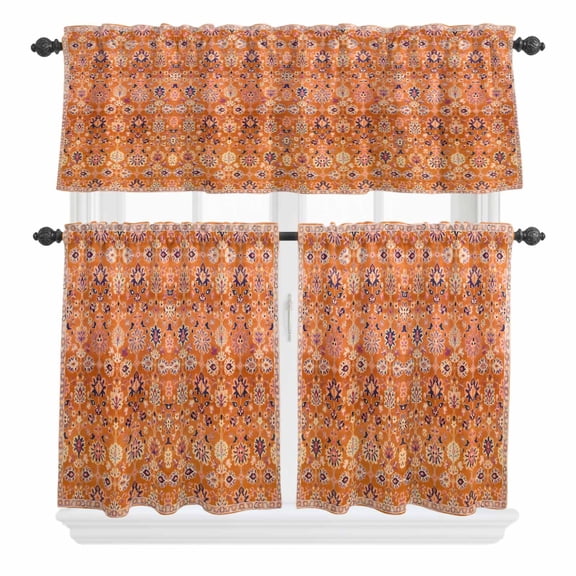 3 Piece Kitchen Curtains and Valances Set Boho Orange Cafe Curtains 24 Inch Length Country Style Bohemian Floral Retro Tribal Valance & Tier Curtain for Living Room Bedroom Window 54"x18"+27"x24"*2