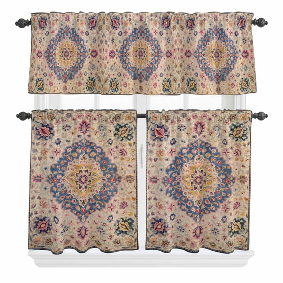 3 Piece Kitchen Curtains and Valances Set Boho Southwest Cafe Curtains 36 Inch Length Vintage Country Ethnic Nation Motifs Valance & Tier Curtain for Living Room Bedroom Window 54"x18"+27"x36"*2