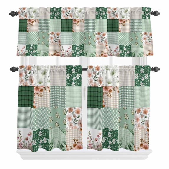 3 Piece Kitchen Curtains and Valances Set Boho Spring Floral Cafe Curtains 24 Inch Length Retro Flowers Plants Patchwork Grid Green Valance & Tier Curtain for Living Room Bedroom 54"x18"+27"x24"*2