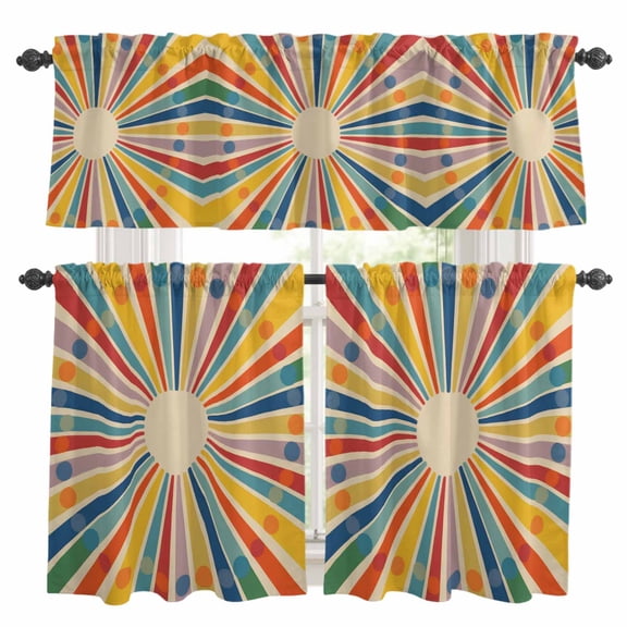 3 Piece Kitchen Curtains and Valances Set Boho Sun Cafe Curtains 24 Inch Length Abstract Rainbow Colorful Geometric Stripes Valance & Tier Curtain for Living Room Bedroom Window 54"x18"+27"x24"*2
