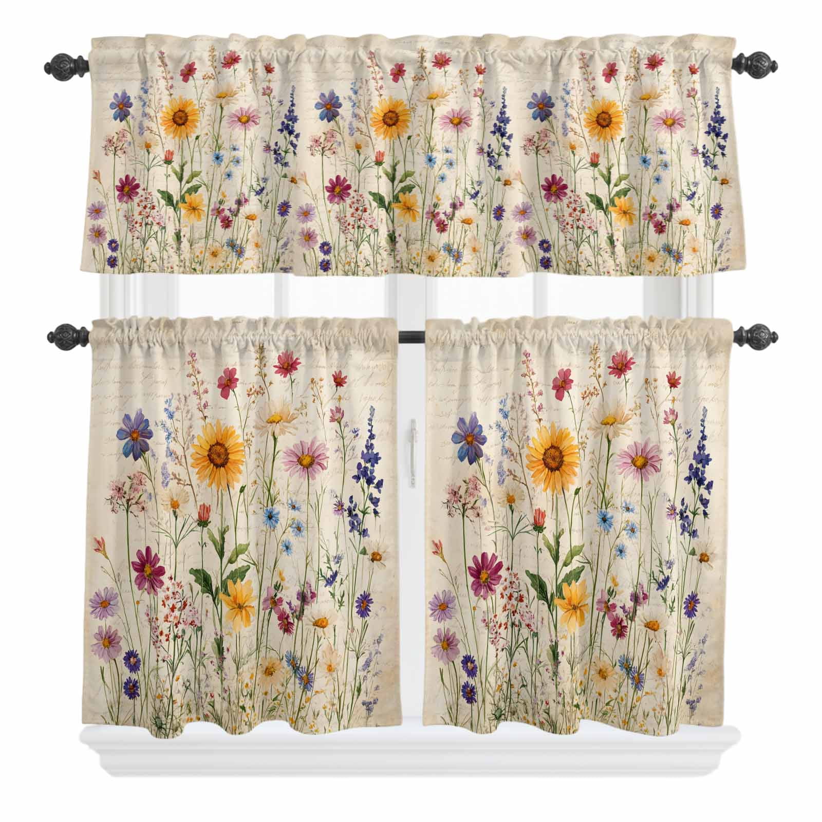 3 Piece Kitchen Curtains and Valances Set Botanical Floral Cafe