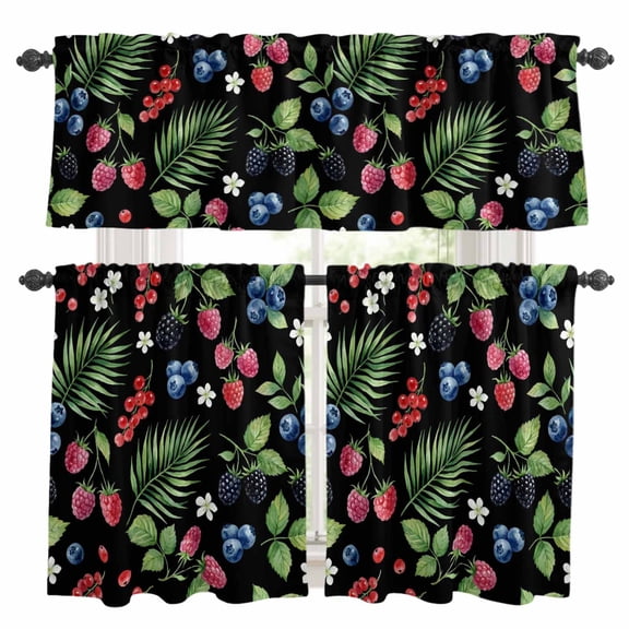 3 Piece Kitchen Curtains and Valances Set Botanical Fruit Cafe Curtains 36 Inch Length Retro Blueberry Raspberry Leaves Black Valance & Tier Curtain for Living Room Bedroom Window 54"x18"+27"x36"*2