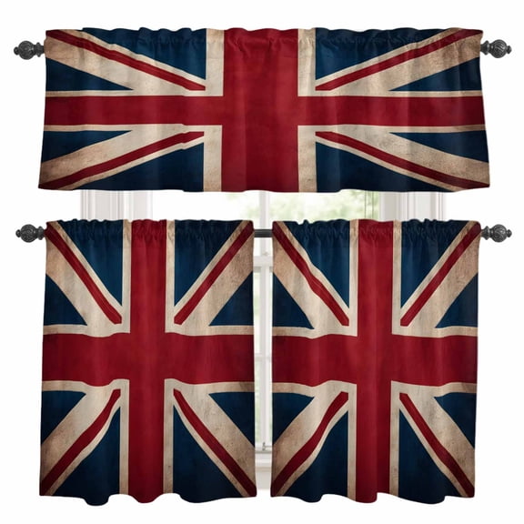 3 Piece Kitchen Curtains and Valances Set British Flag Cafe Curtains 24 Inch Length Vintage United Kingdom England Uk Flag Valance & Tier Curtain for Living Room Bedroom Window 54"x18"+27"x24"*2